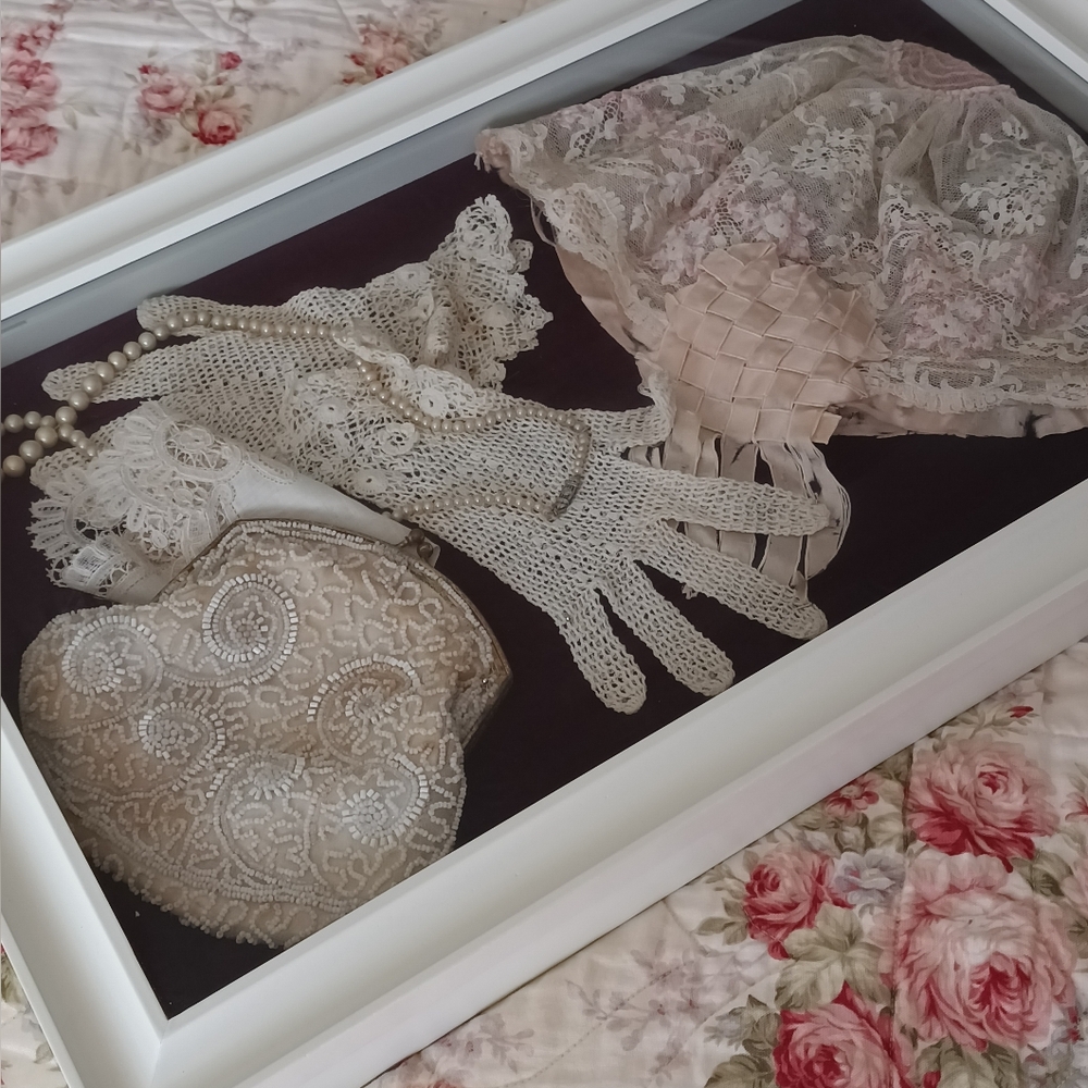 Vintage Cream and Pale Pink Lace Gloves, Beaded Clutch & Scarf Set